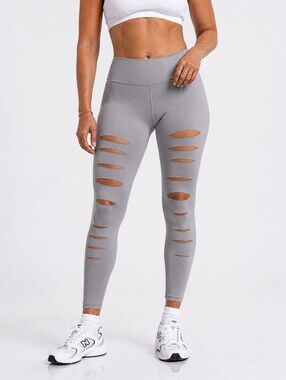 Alo Yoga High Waist Ripped Warrior Leggings Alloy Gray XS Cutout Athleisure